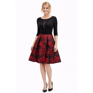 Jessica‎ Howard Women 8 Red Black Floral Foiled Pleated Cocktail Dress AA20